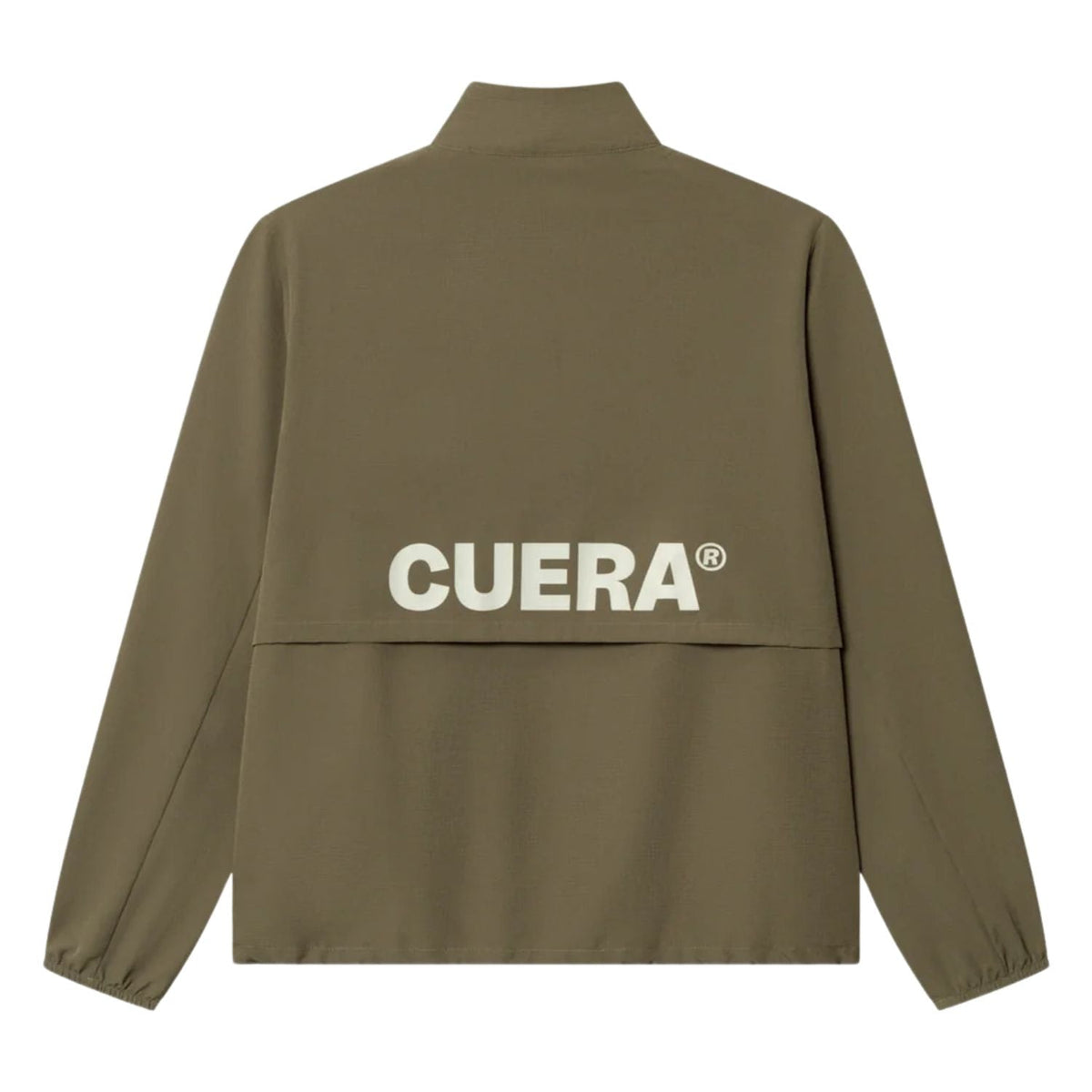 Achterzijde van het olijfgroene Cuera Active trainingsjack met grote CUERA-print