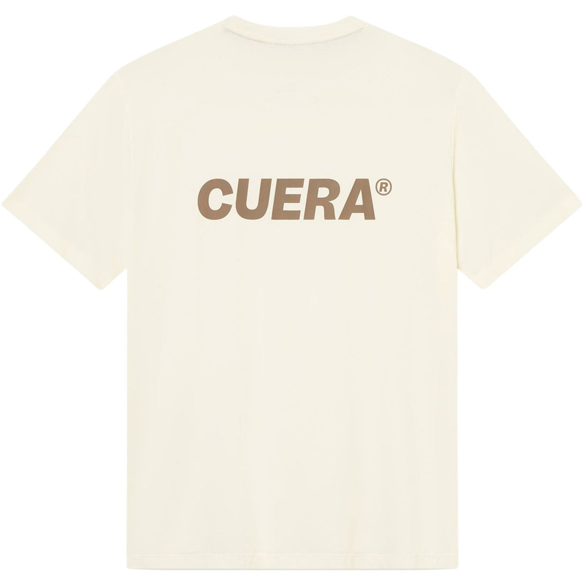 Achterzijde van het gebroken witte Cuera Oncourt Airy T-shirt met bruin CUERA-logo