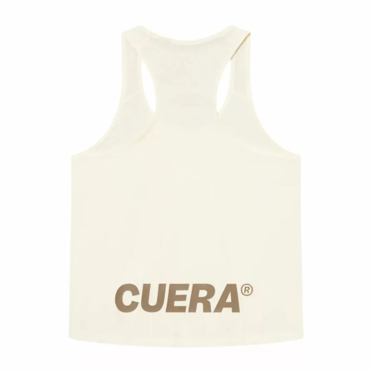 Achterzijde van de cremekleurige Cuera Oncourt Airy Tank Top met CUERA-opdruk