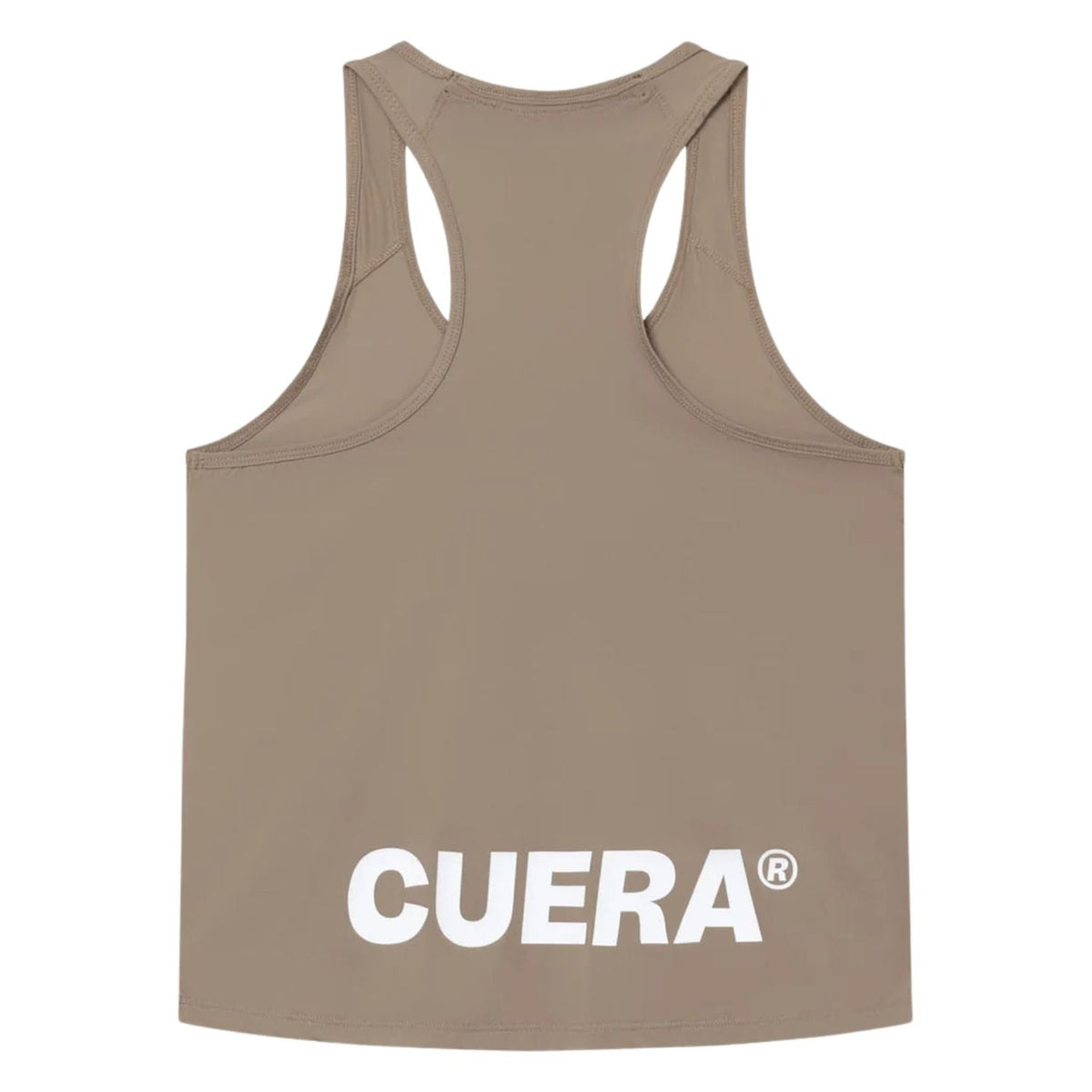 Achterzijde van de taupebruine Cuera Oncourt Airy Tank Top met witte CUERA-opdruk