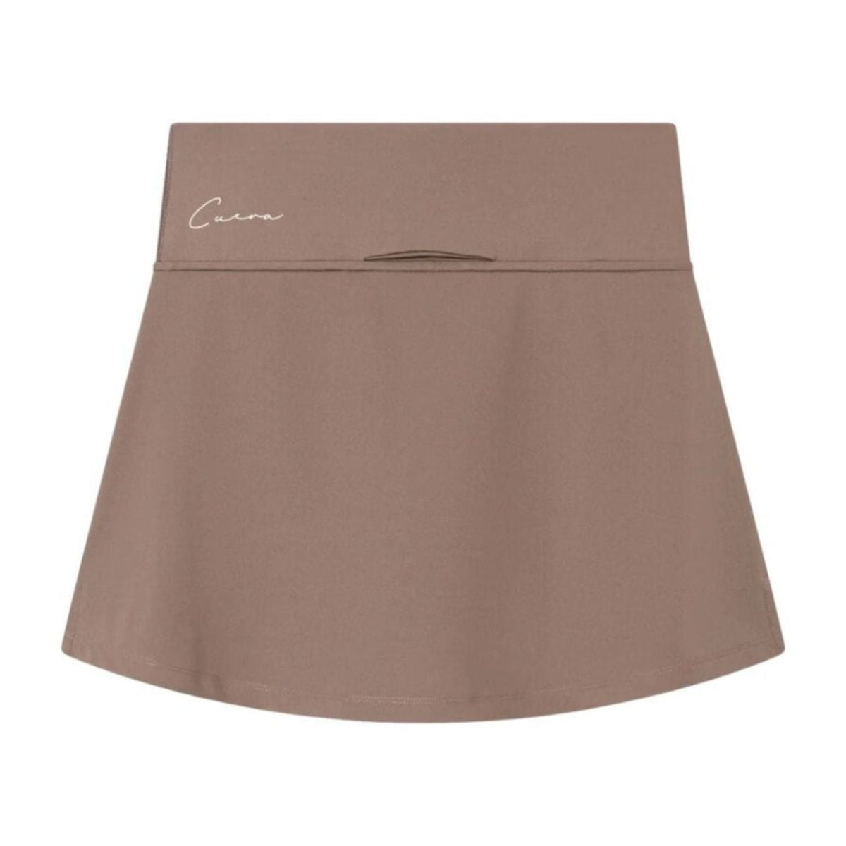 Detail van de tailleband met zakje en Cuera-logo op de bruine Oncourt Skirt