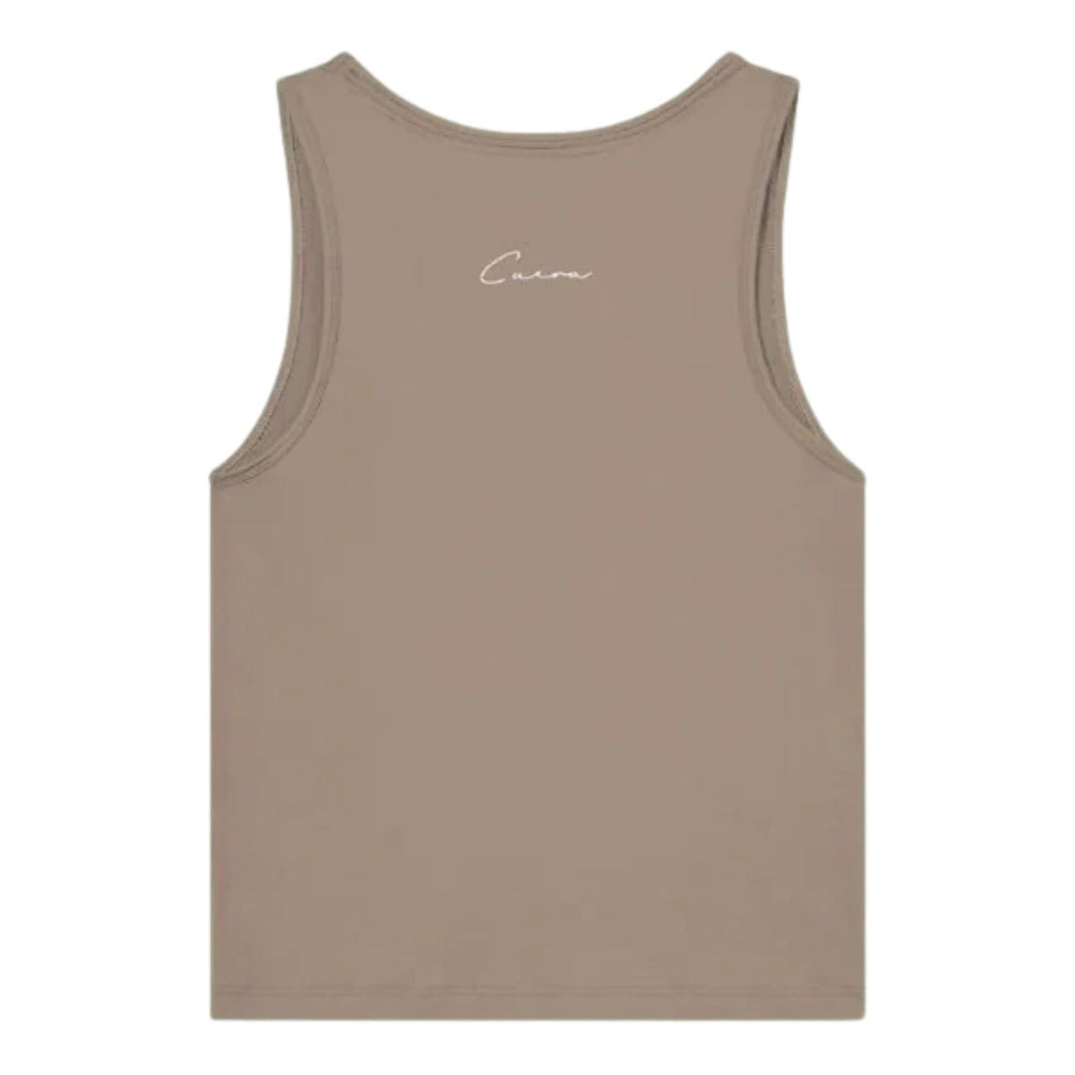 Achterzijde van de taupekleurige Cuera Oncourt Slim Tank Top met klein script-logo