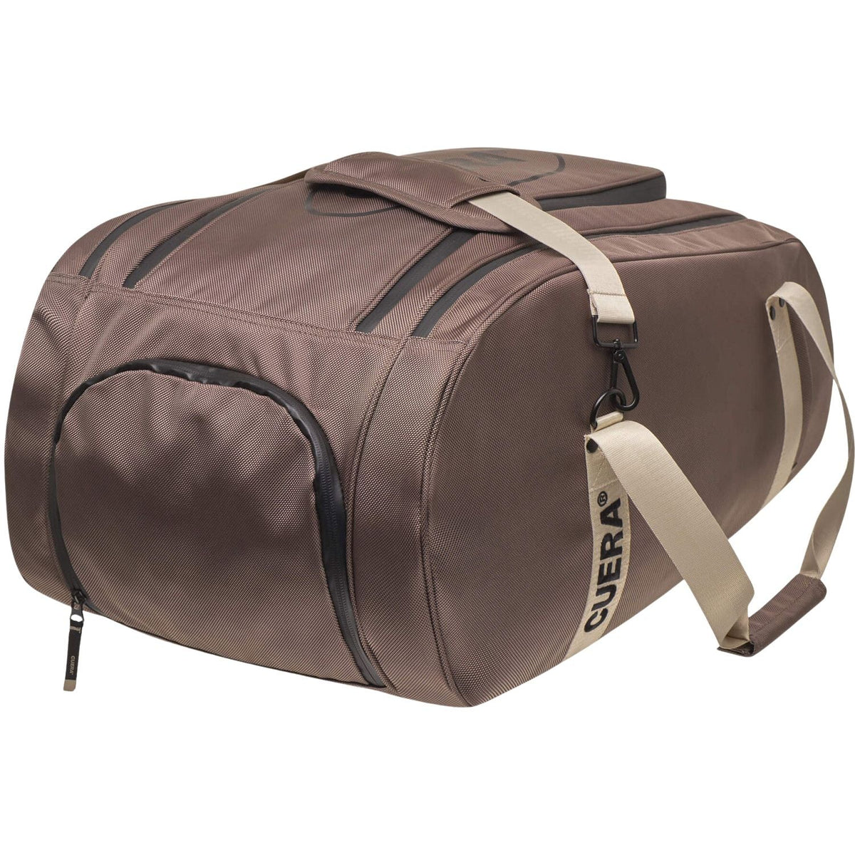 Zijaanzicht van de bruine Cuera Oncourt Premium racketbag met beige schouderband en rits