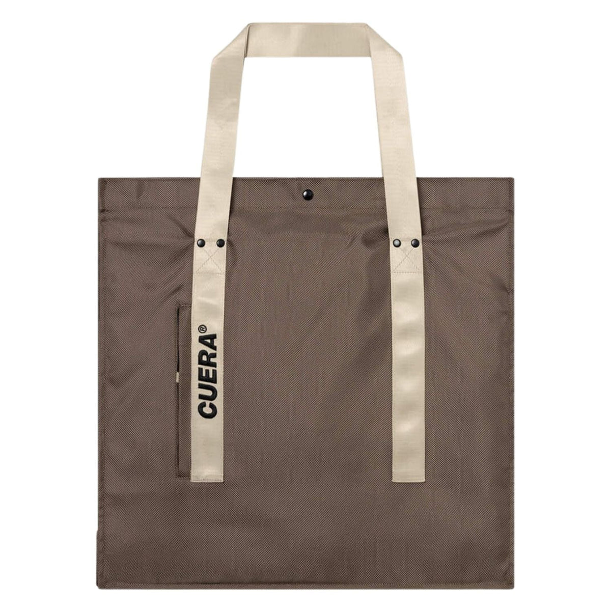 Vooraanzicht van de bruine Cuera Active shopper met lange beige draagbanden en merklogo