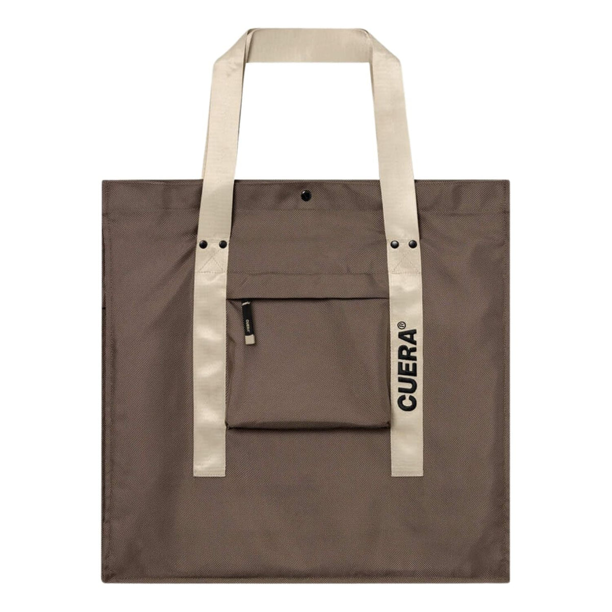 Bruine Cuera Active totebag met ritsvak op de voorzijde en twee beige schouderbanden