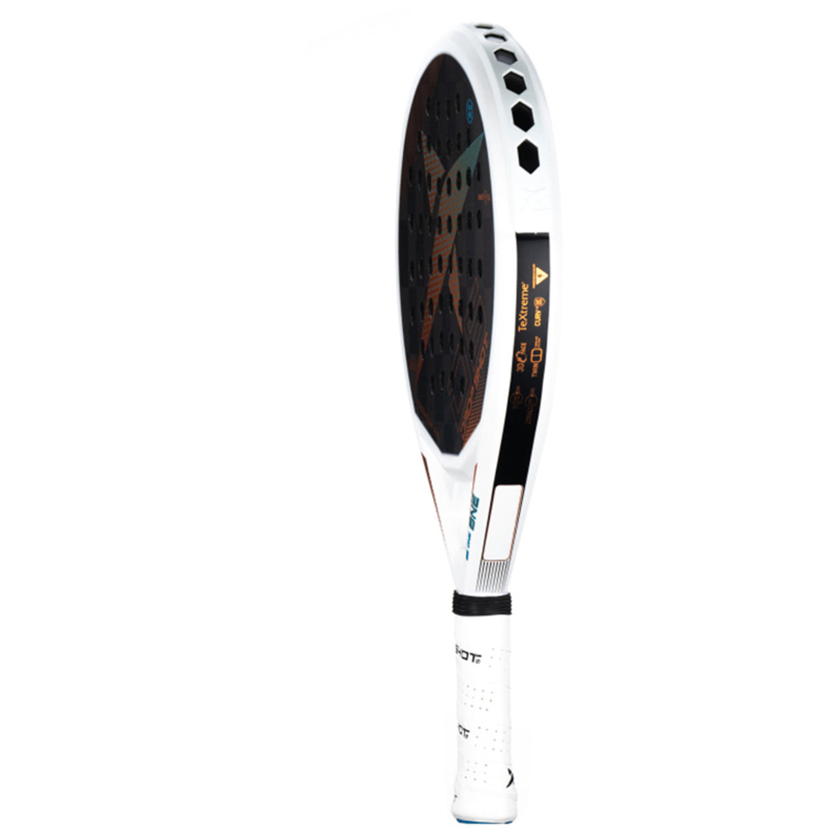 Zijaanzicht van het Drop Shot Premium 3.0 padelracket in wit met koperen accenten