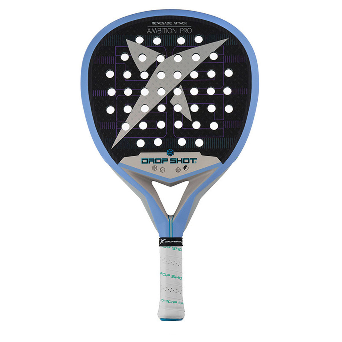 Raquete de padel Drop Shot Renegade Attack em azul claro com preto, vista frontal