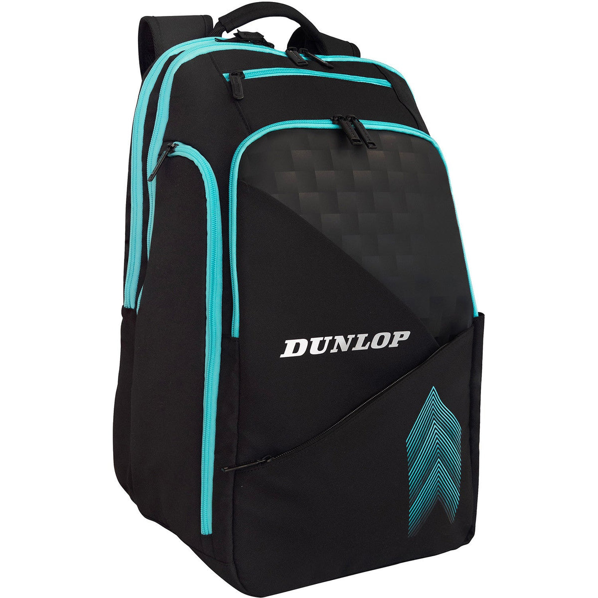 Vooraanzicht van de zwarte Dunlop Elite rugzak met turquoise ritsen en wit Dunlop-logo
