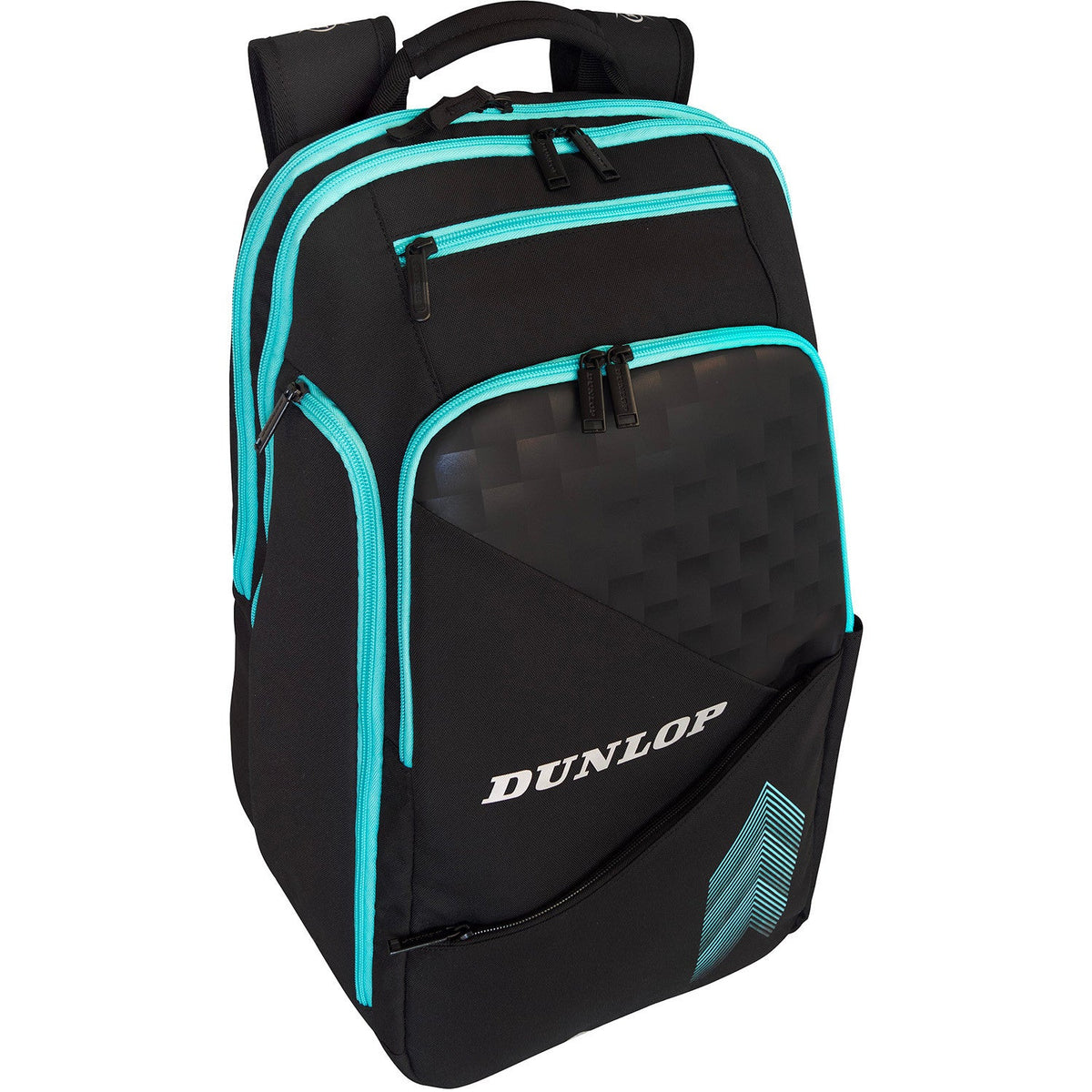 Sned framifrånvy av den svarta Dunlop Elite-ryggsäcken med turkosa kantband och framficka