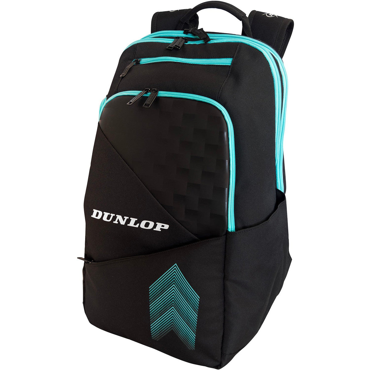 Zijaanzicht van de zwarte Dunlop Elite rugzak met turquoise accenten en schoenenvak opzij