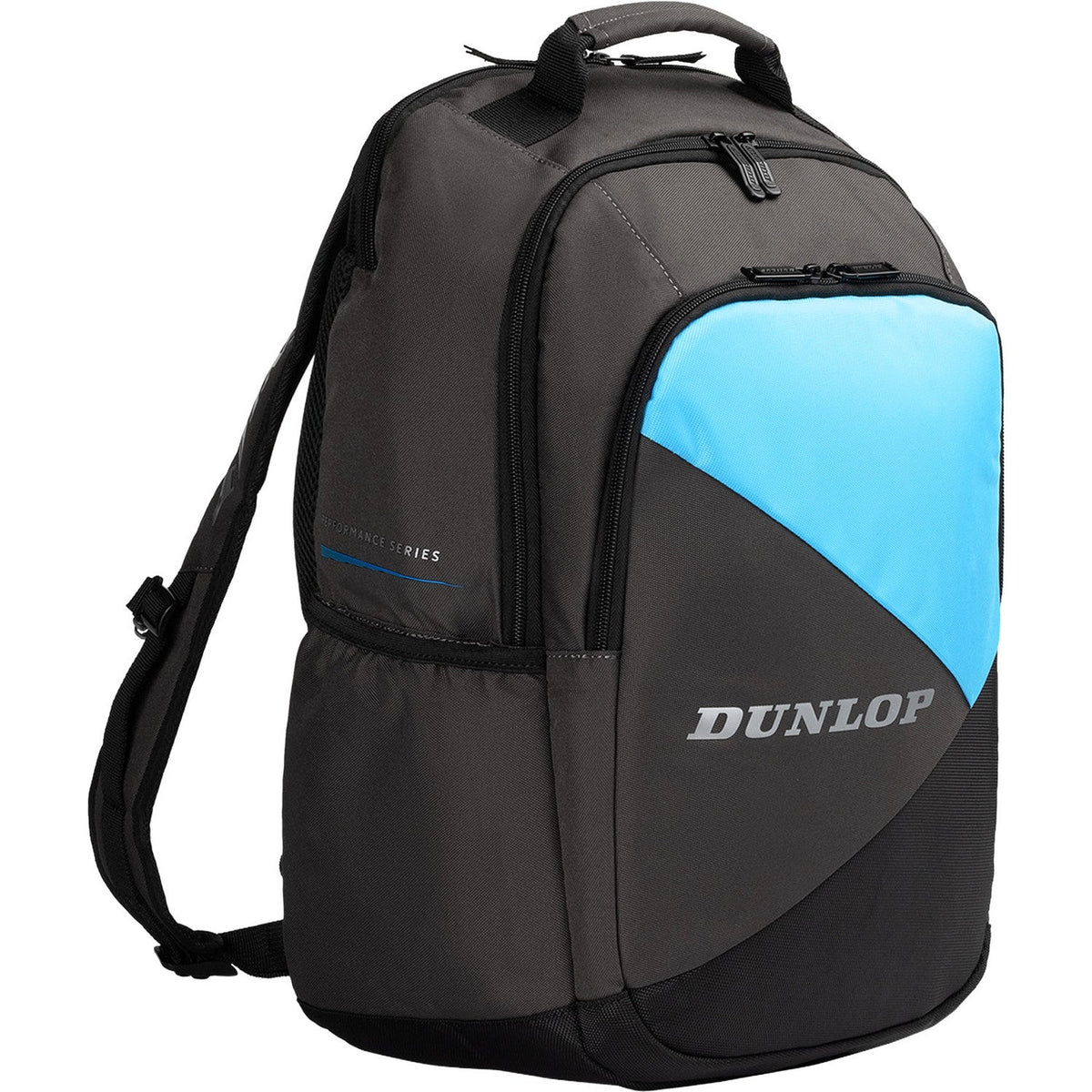 Oblique side view of the Dunlop FX Performance rucksack with a blue panel and side pockets