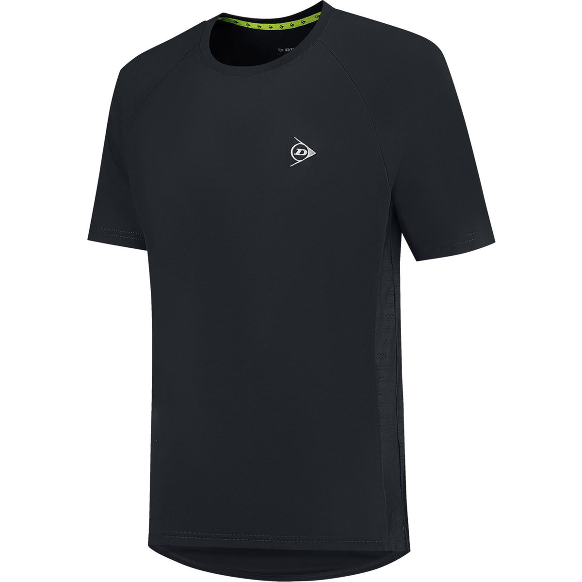Dunlop Club T-shirt voor heren in zwart met geel nekdetail, vooraanzicht
