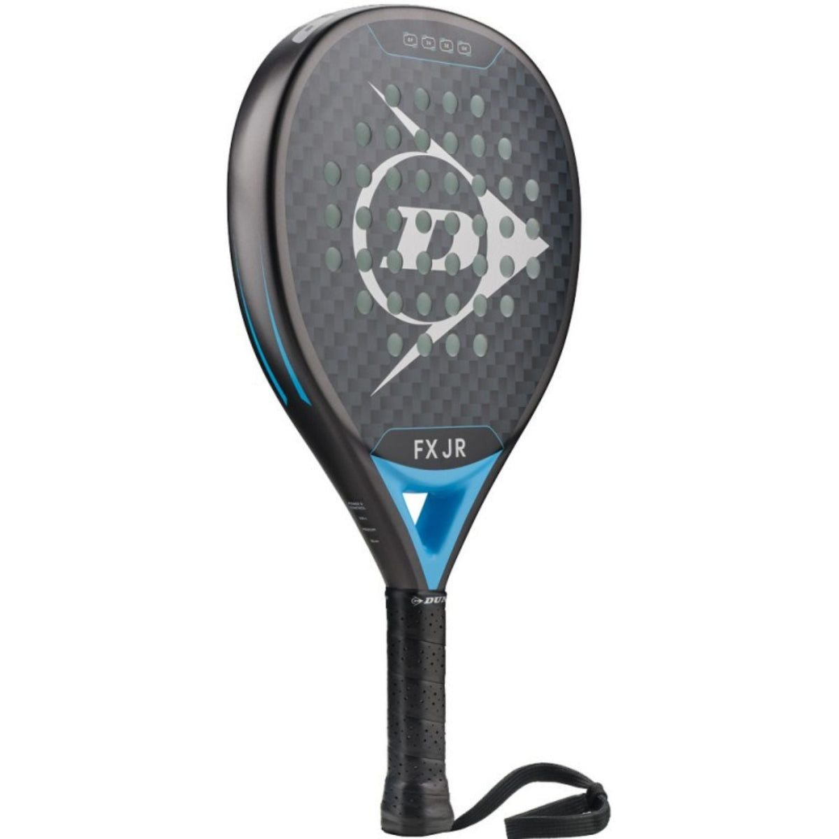 Dunlop FX JR 26 junior padelracket schuin vooraanzicht, ronde vorm in zwart en lichtblauw