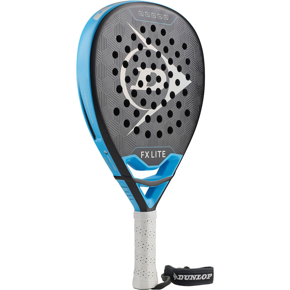Raquete de padel Dunlop FX Lite 26, vista frontal oblíqua, formato de diamante em preto com azul