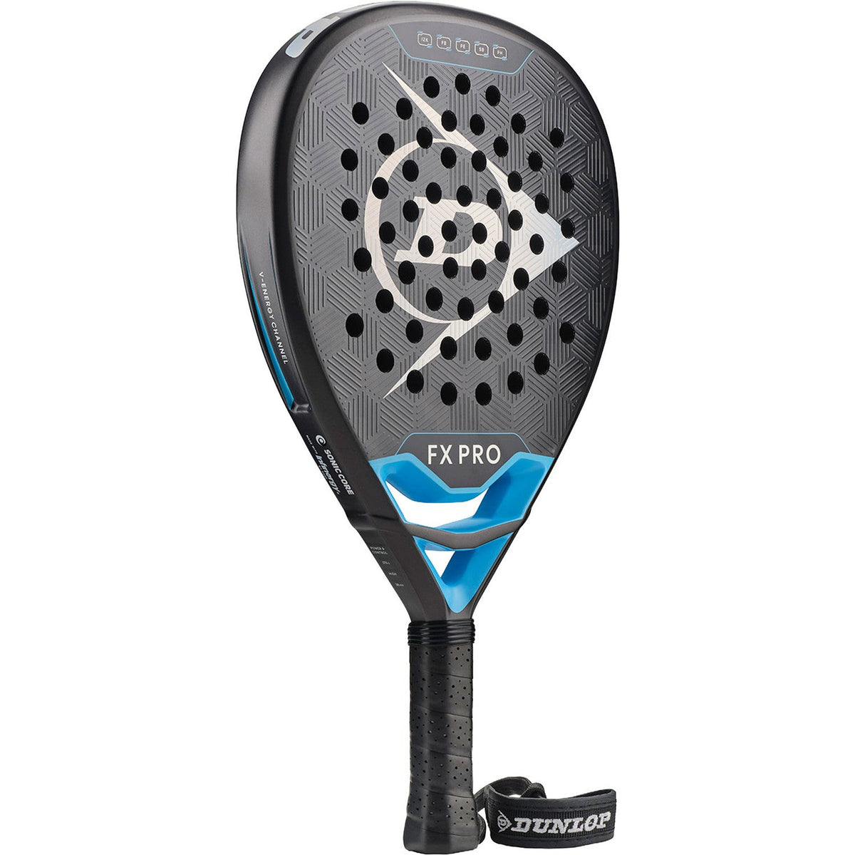 Dunlop FX Pro 26 padelracket schuin vooraanzicht, diamantvorm in zwart met blauw