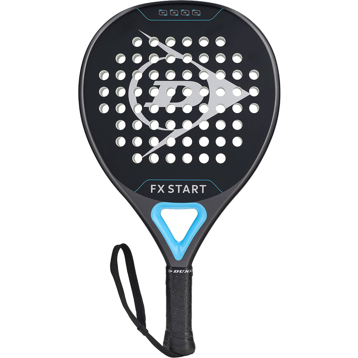 Dunlop FX Start 26 padelracket in zwart met wit logo en lichtblauwe punt, vooraanzicht