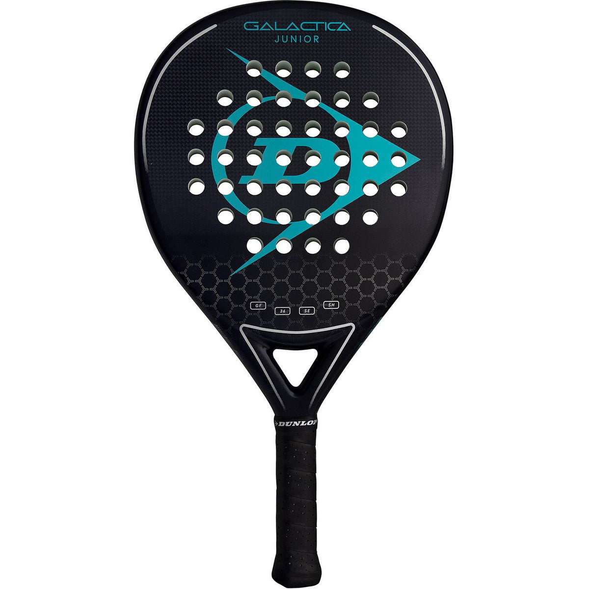 Dunlop Galactica Junior 2025 padelracket in zwart met turquoise logo, vooraanzicht