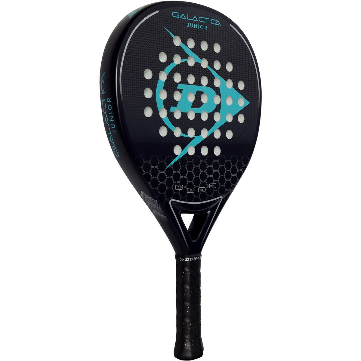 Dunlop Galactica Junior 2025 padelracket schuin vooraanzicht, ronde vorm in zwart en turquoise