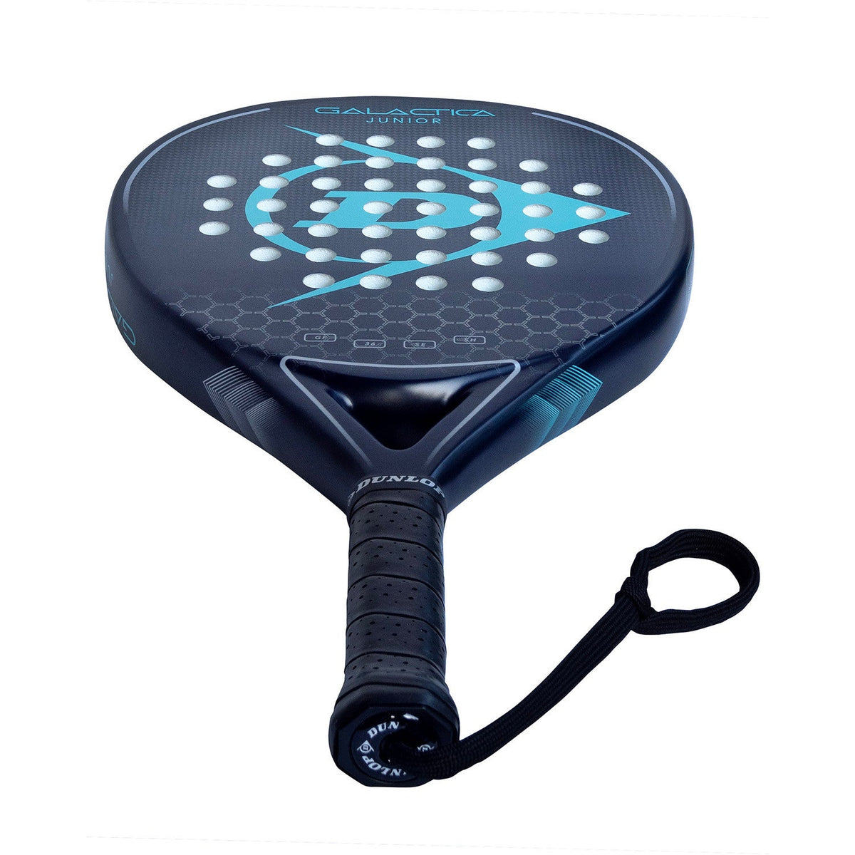 Close-up van de zwarte grip en polsband van het Dunlop Galactica Junior 2025
