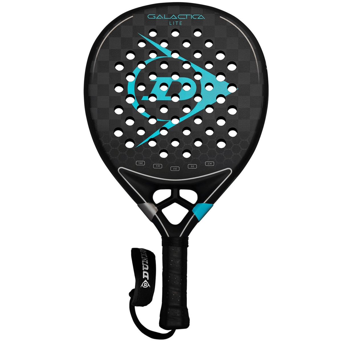 Dunlop Galactica Lite 2025 padelracket in zwart met turquoise logo en polsband, vooraanzicht
