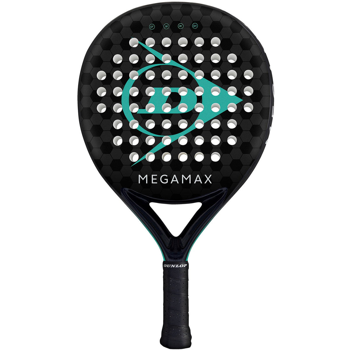 Dunlop Megamax Black padelracket in zwart met turquoise logo, vooraanzicht