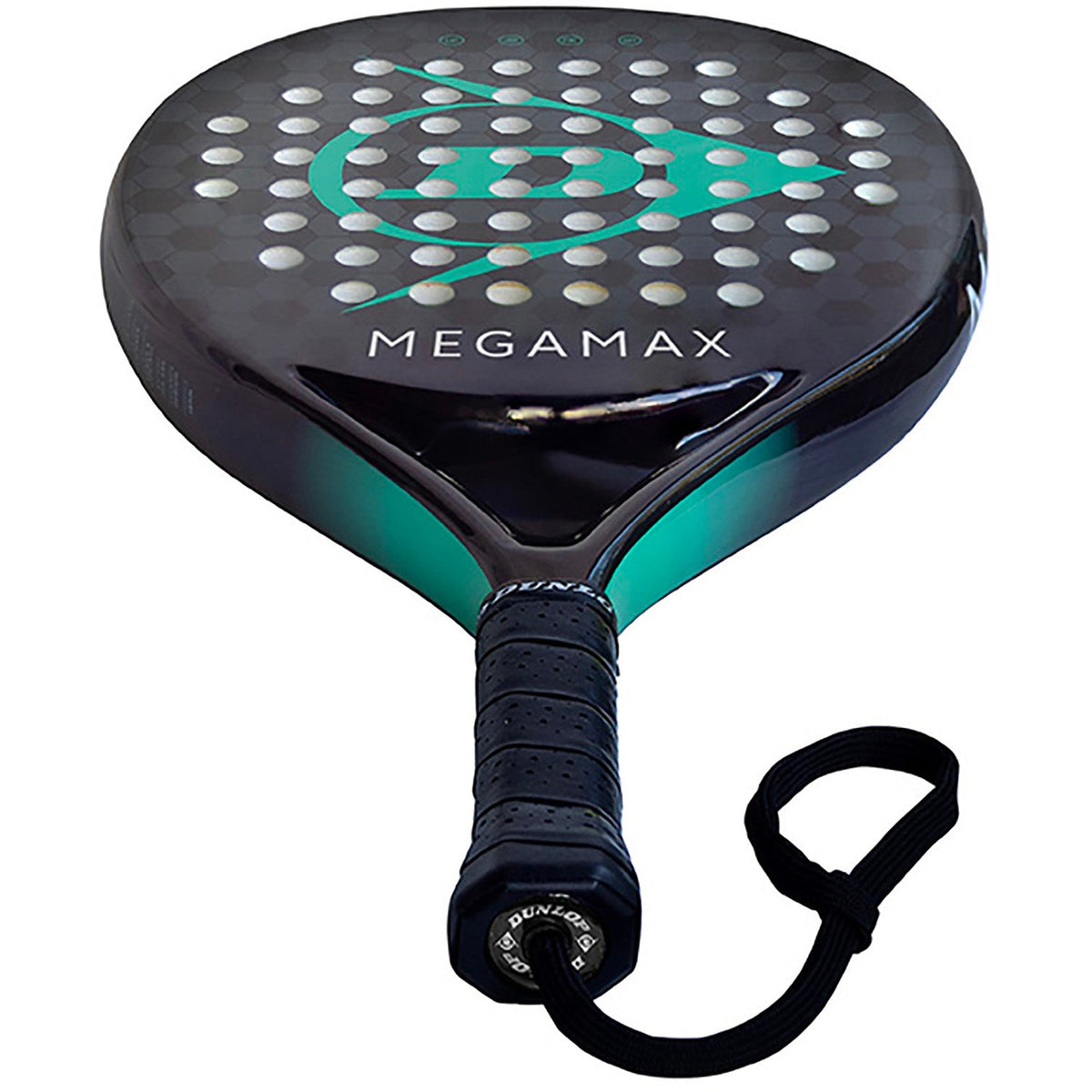 Close-up van de zwarte grip en polsband van het Dunlop Megamax Black padelracket
