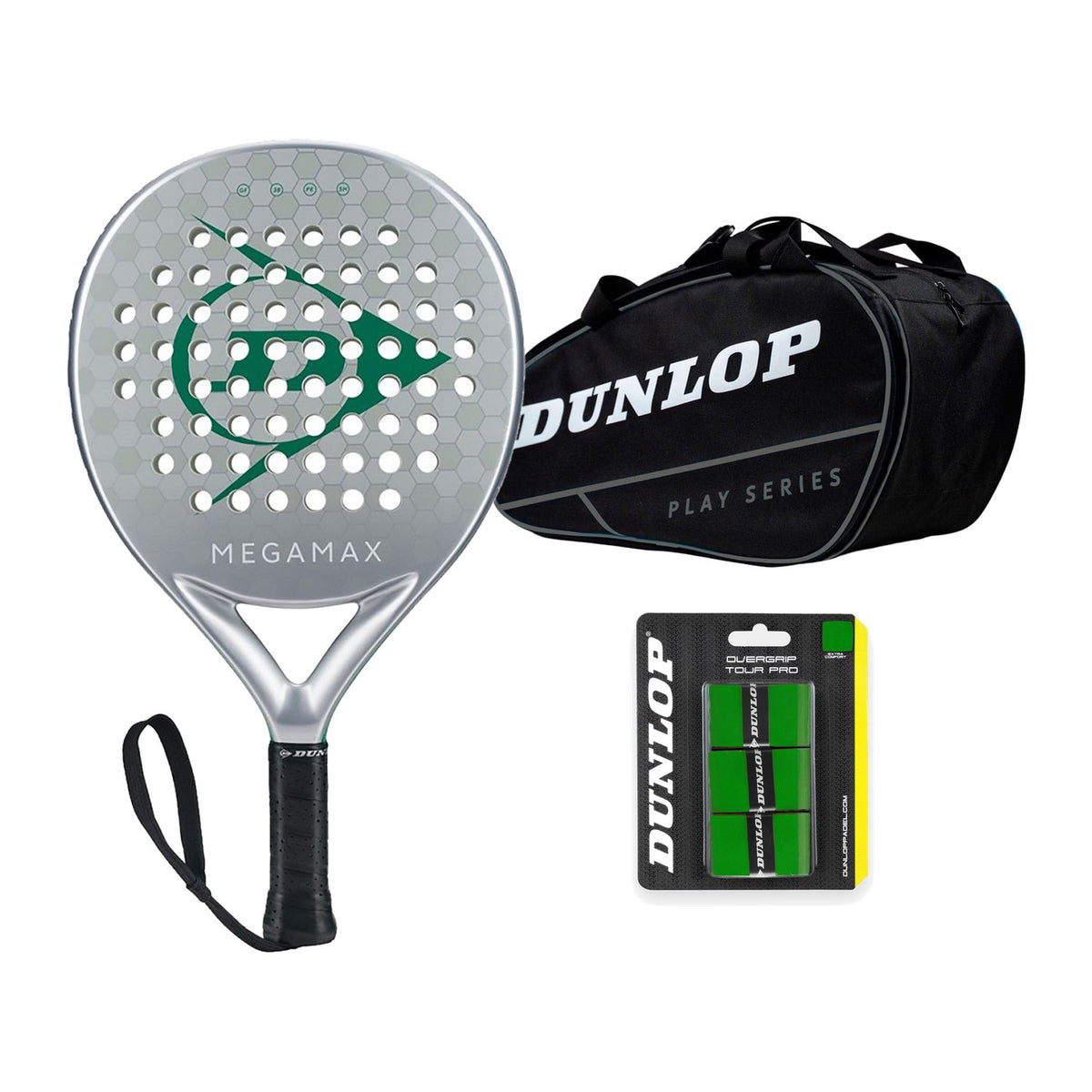 Dunlop Megamax Silver Bundle: Dunlop Megamax Silver 2026 padelracket, Dunlop Racketbag Play Gun Metal en Dunlop Tour Pro Overgrip Green