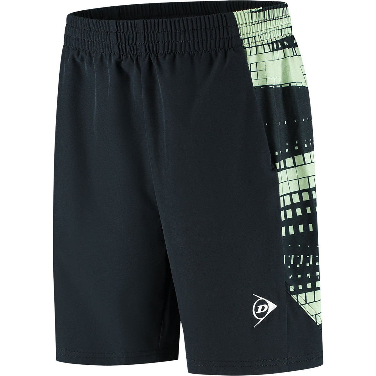 Dunlop Mens Game Shorts Black/Fair Green, vooraanzicht in zwart met lichtgroen blokpatroon op de zijpijp