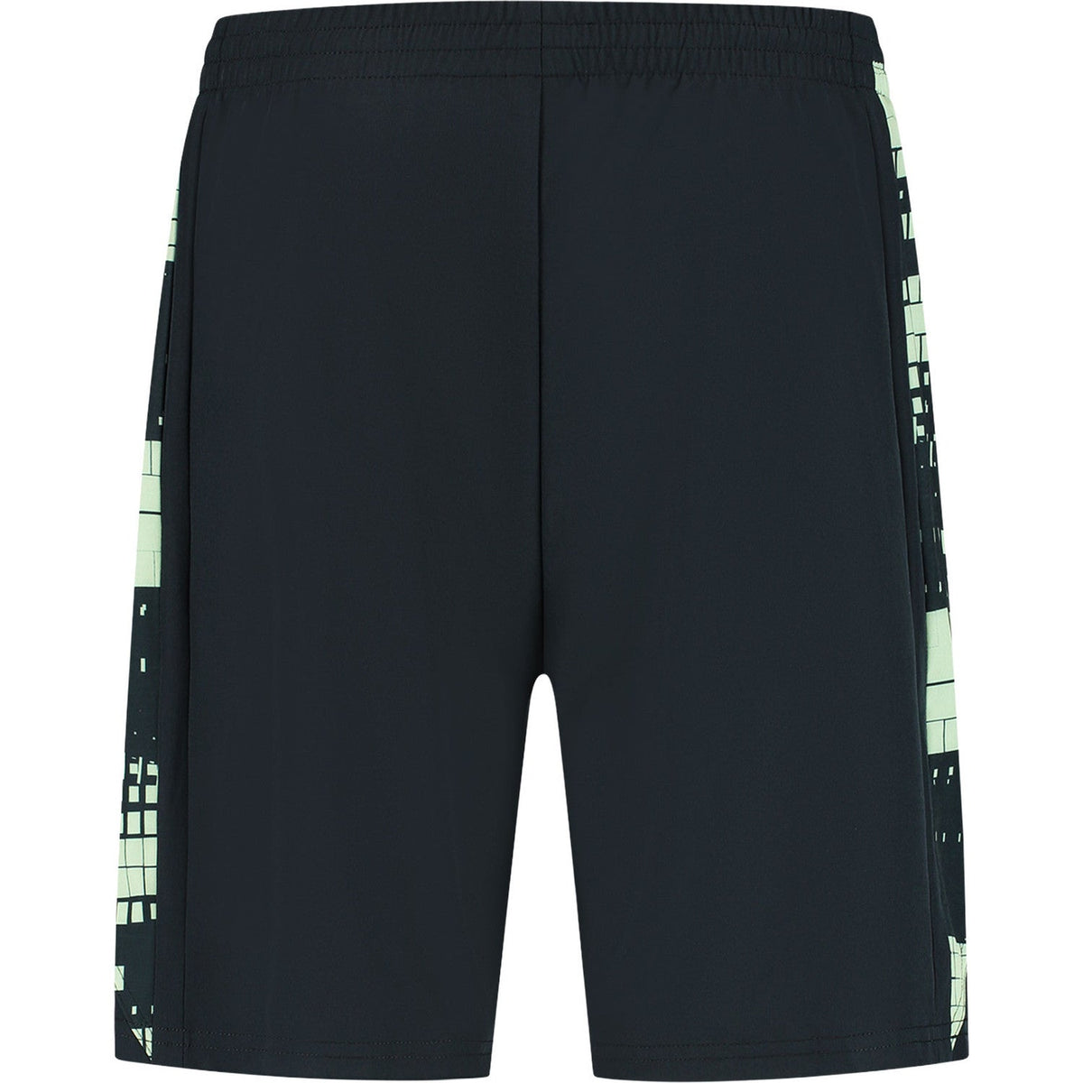 Pantaloncini Dunlop Mens Game Shorts Black/Fair Green, vista posteriore in nero con stampa grafica laterale