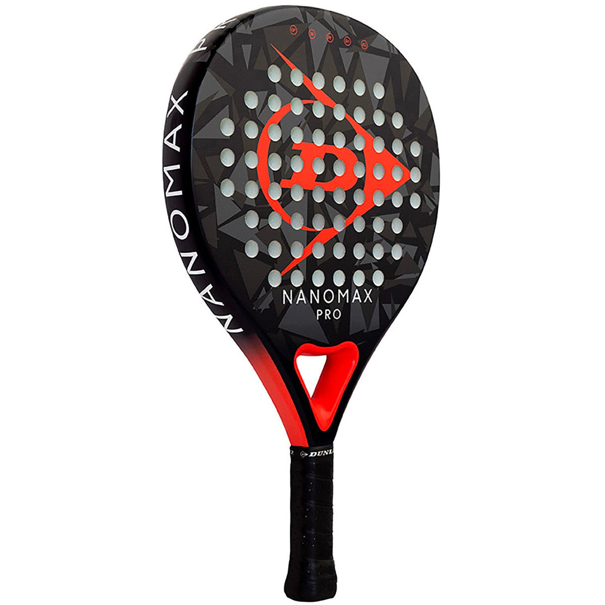 Dunlop Nanomax Pro padelracket schuin vooraanzicht, hybride vorm in zwart met rood