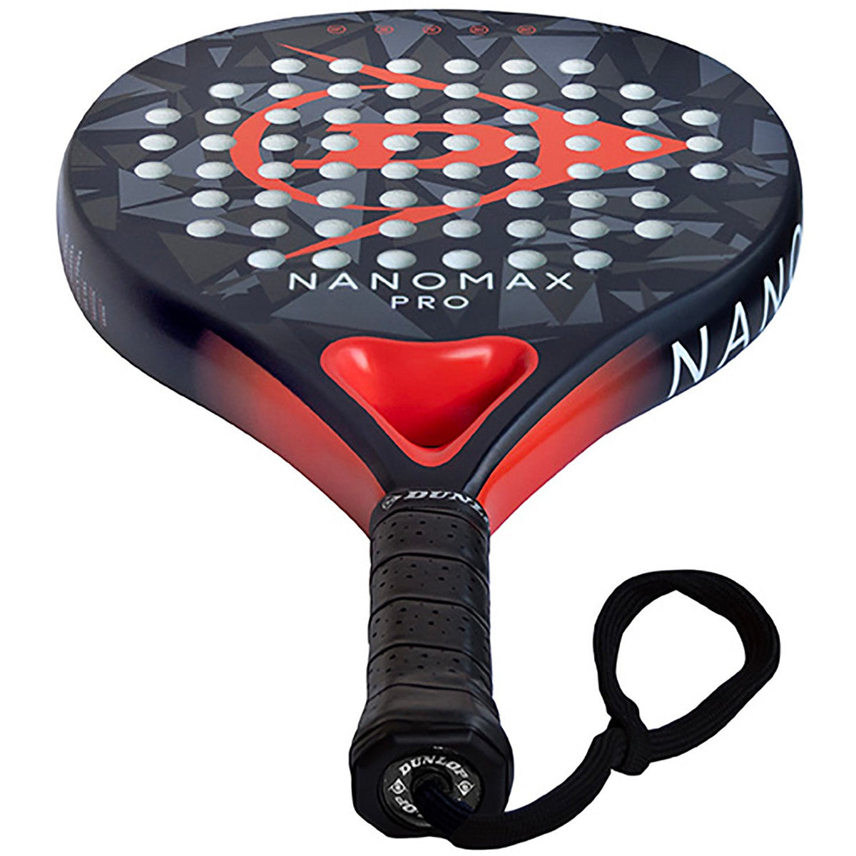 Close-up van de zwarte grip en polsband van het Dunlop Nanomax Pro met rood hart