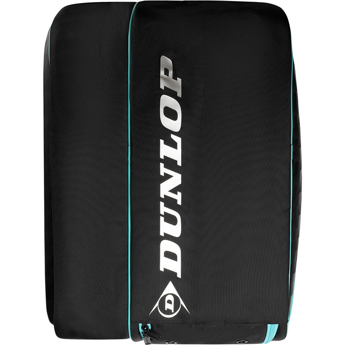 Rechtopstaande zwarte Dunlop Elite padeltas met groot logo en turquoise rits aan de zijkant