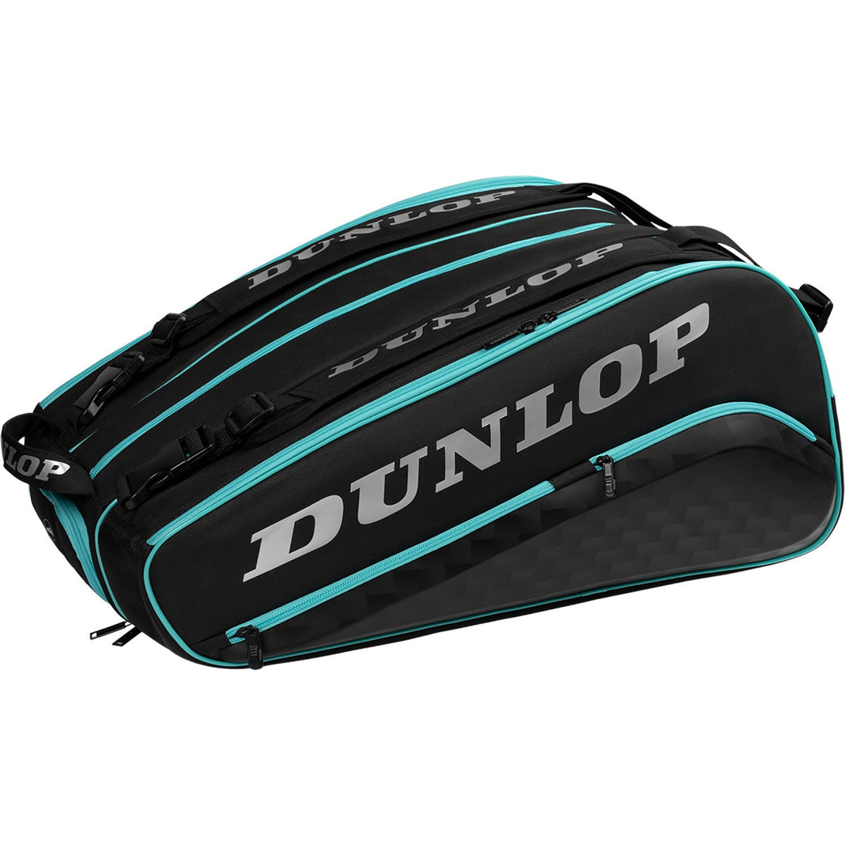 Zijaanzicht van de andere kant van de zwarte Dunlop Elite met turquoise biezen en ritsen