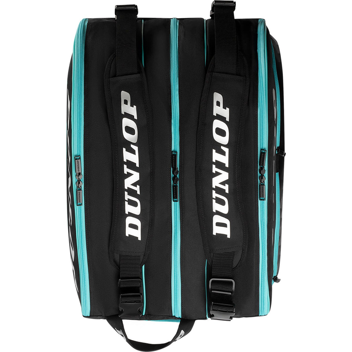 Achterzijde van de zwarte Dunlop Elite padeltas met twee gepolsterde rugbanden en logo
