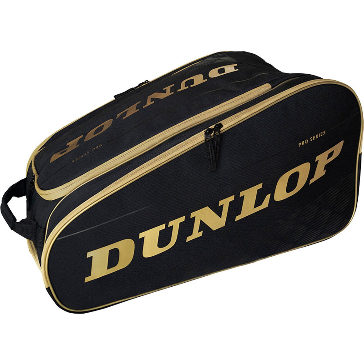 Zijaanzicht van de zwarte Dunlop Pro Serie padeltas met goudkleurige biezen en geel logo