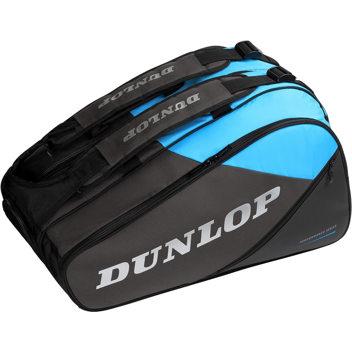 Zijaanzicht van de Dunlop FX Performance racketbag in zwart met blauwe vakken en wit logo