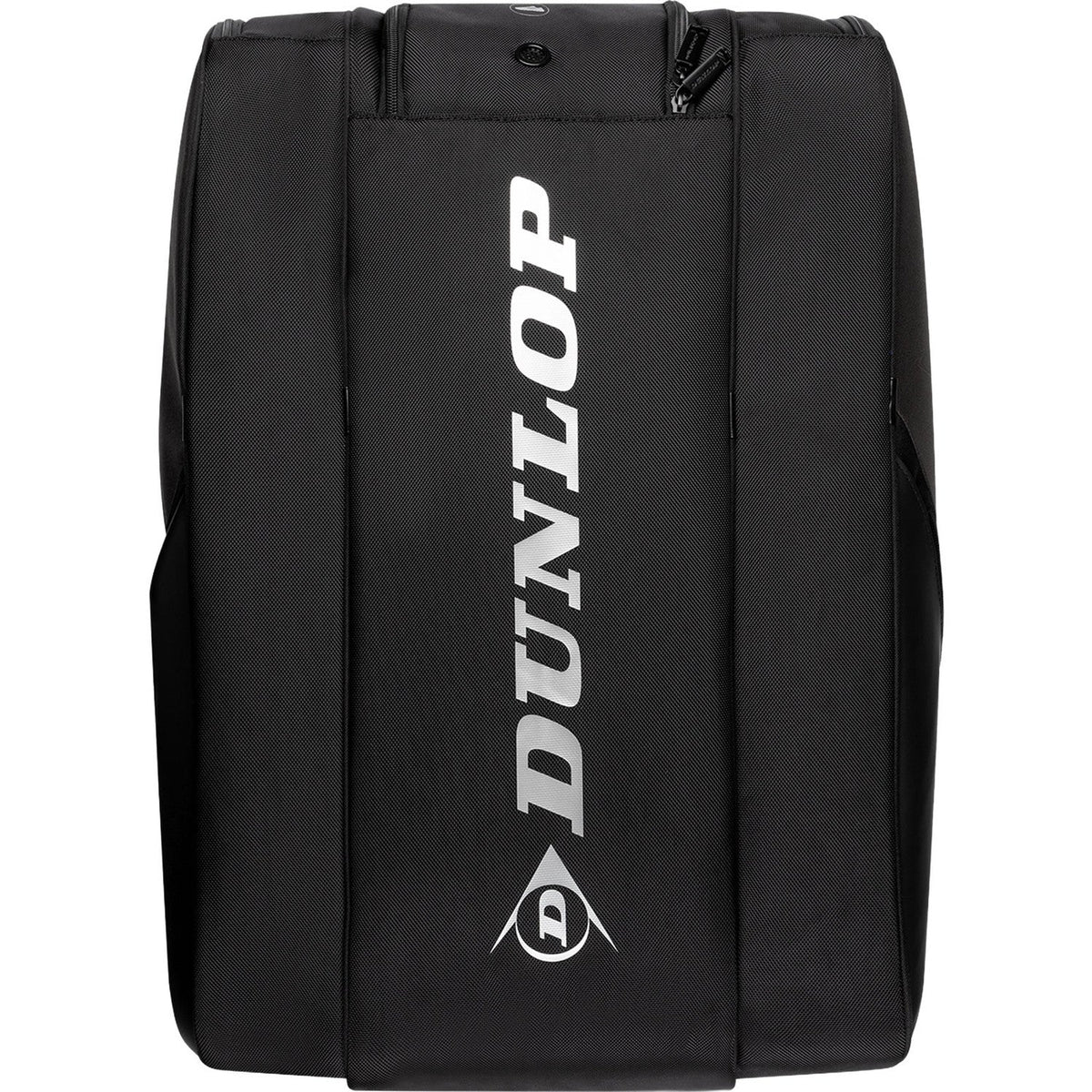 Rechtopstaande zwarte Dunlop FX Performance racketbag met wit logo over de volle hoogte