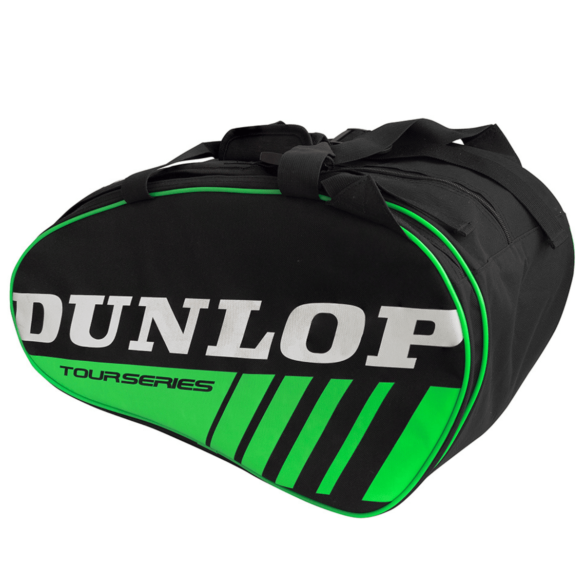 Zijaanzicht van de zwarte Dunlop Intro racketbag met groen vlak en wit Dunlop-logo