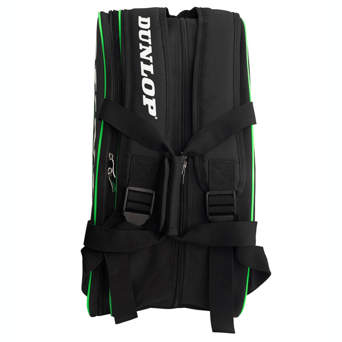 Achterzijde van de zwart-groene Dunlop Intro racketbag met rugbanden en clipsluitingen