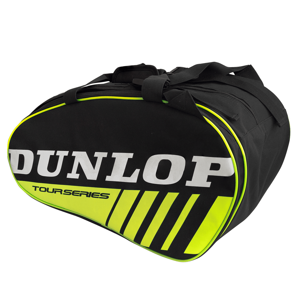 Zijaanzicht van de zwarte Dunlop Intro racketbag met geel vlak en wit Dunlop-logo