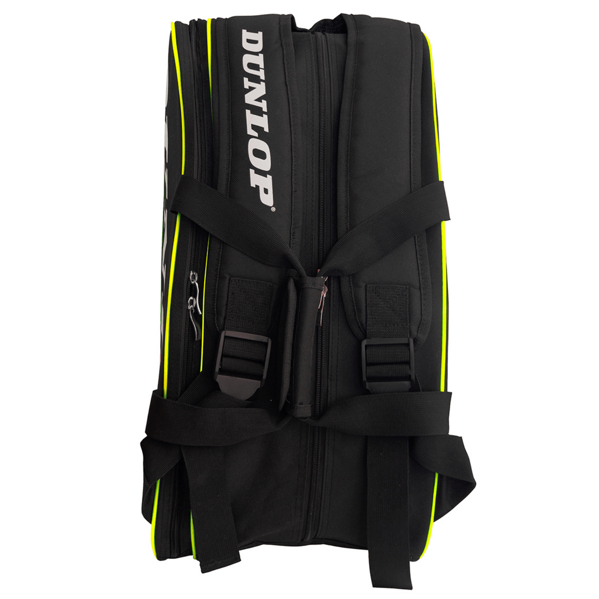 Achterzijde van de zwart-gele Dunlop Intro racketbag met rugbanden en gele biesjes