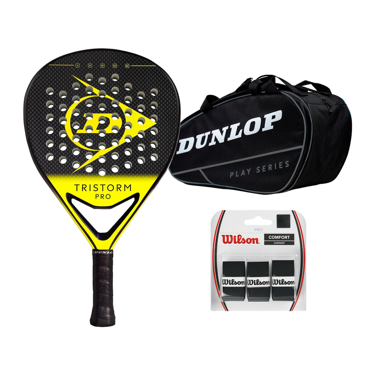 Dunlop Tristorm Pro Bundle: Dunlop Tristorm Pro 2025 padelracket, Dunlop Racketbag Play Gun Metal en Wilson Pro Overgrips Black