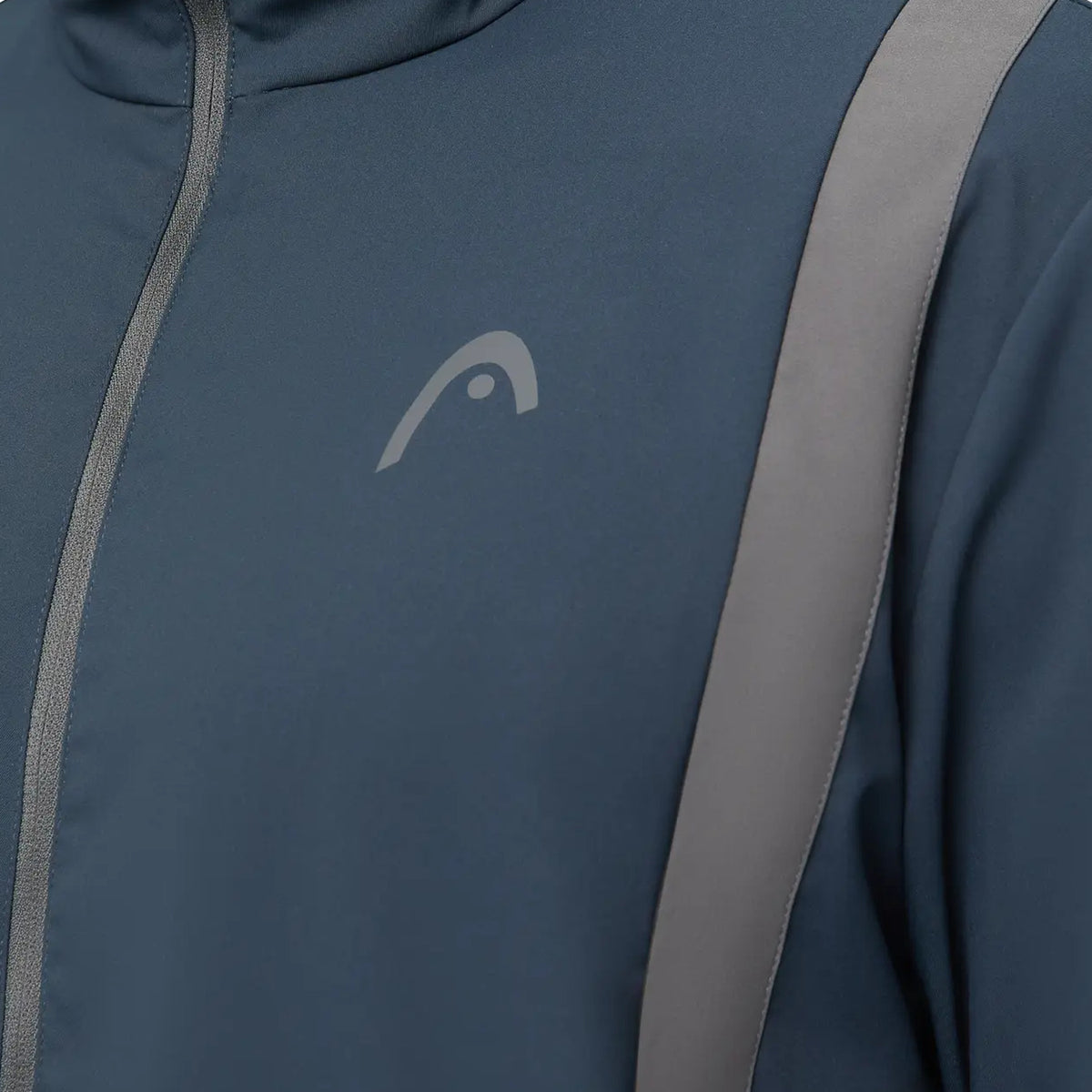 Detail van het Head Club 25 Jacket in Navy - HEAD-logo, rits en grijze contrastbies van dichtbij