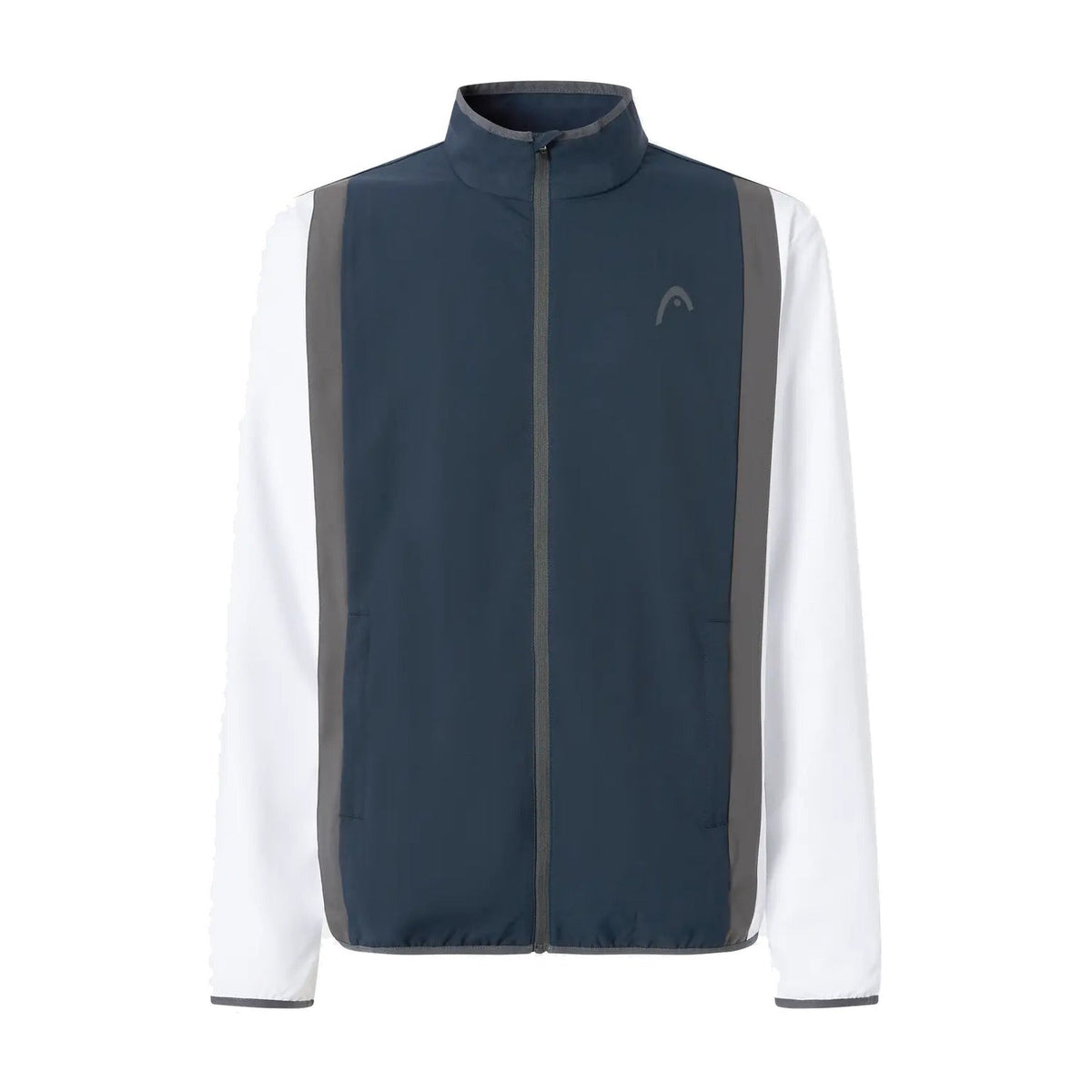 Casaco Head Club 25 para homem em azul-marinho/branco — vista frontal com fecho de correr completo, mangas brancas e debrum cinzento em contraste