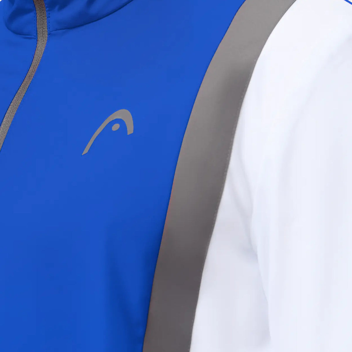 Detail van het Head Club 25 Jacket in Royal White - HEAD-logo, rits en grijze contrastbies van dichtbij