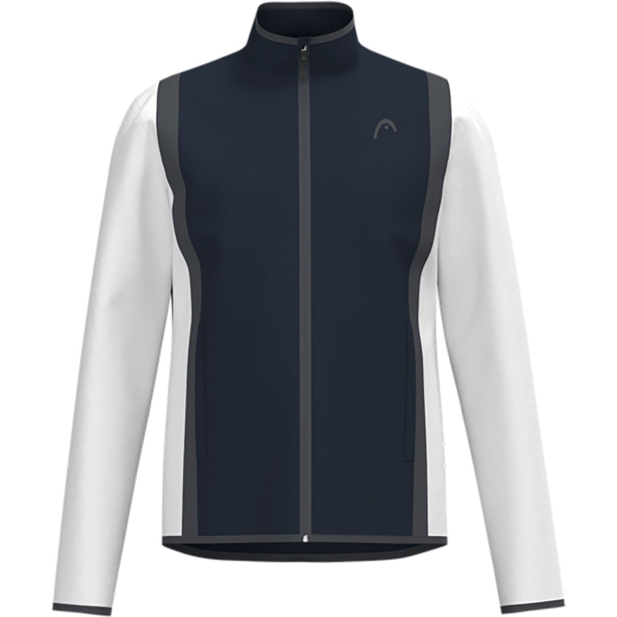 Vooraanzicht van het donkerblauwe Head Club 25 Jacket met witte mouwen en rits
