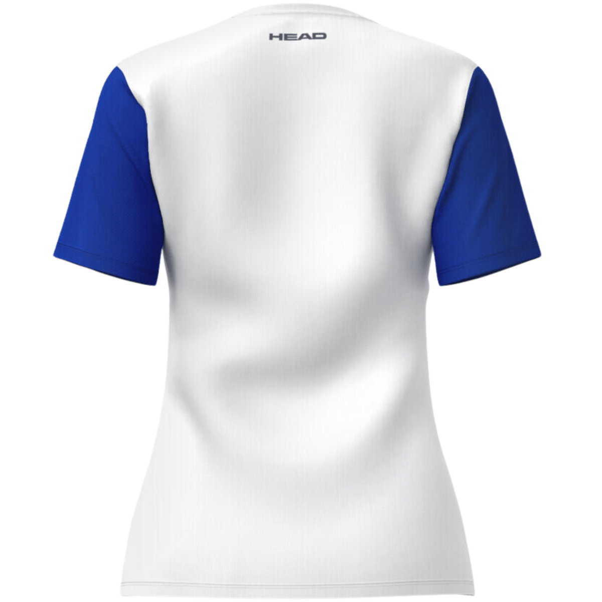 Achterzijde van het witte Head Club 25 damesshirt met kobaltblauwe mouwen
