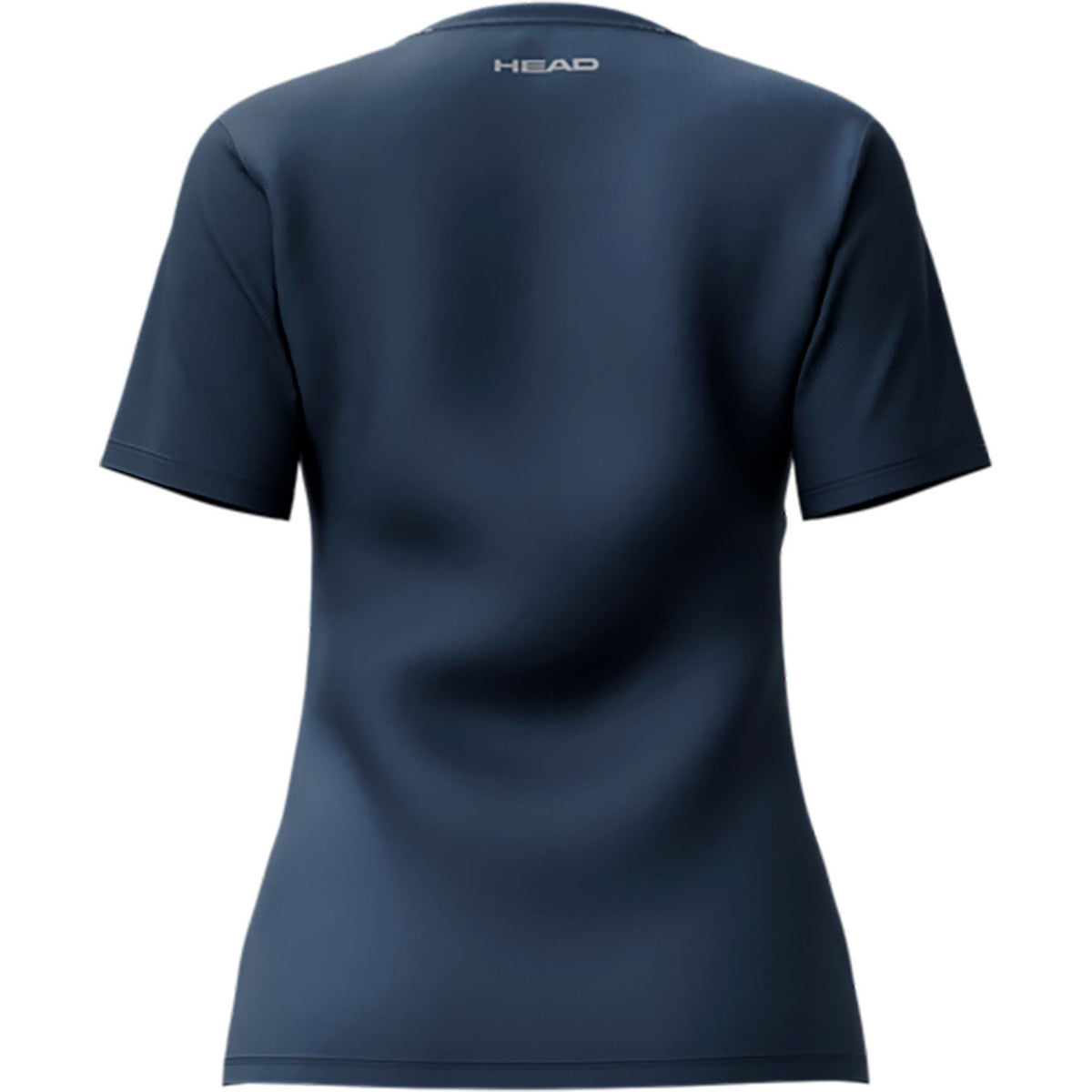 Achterzijde van het donkerblauwe Head Club 25 Tech T-shirt voor dames met HEAD-logo