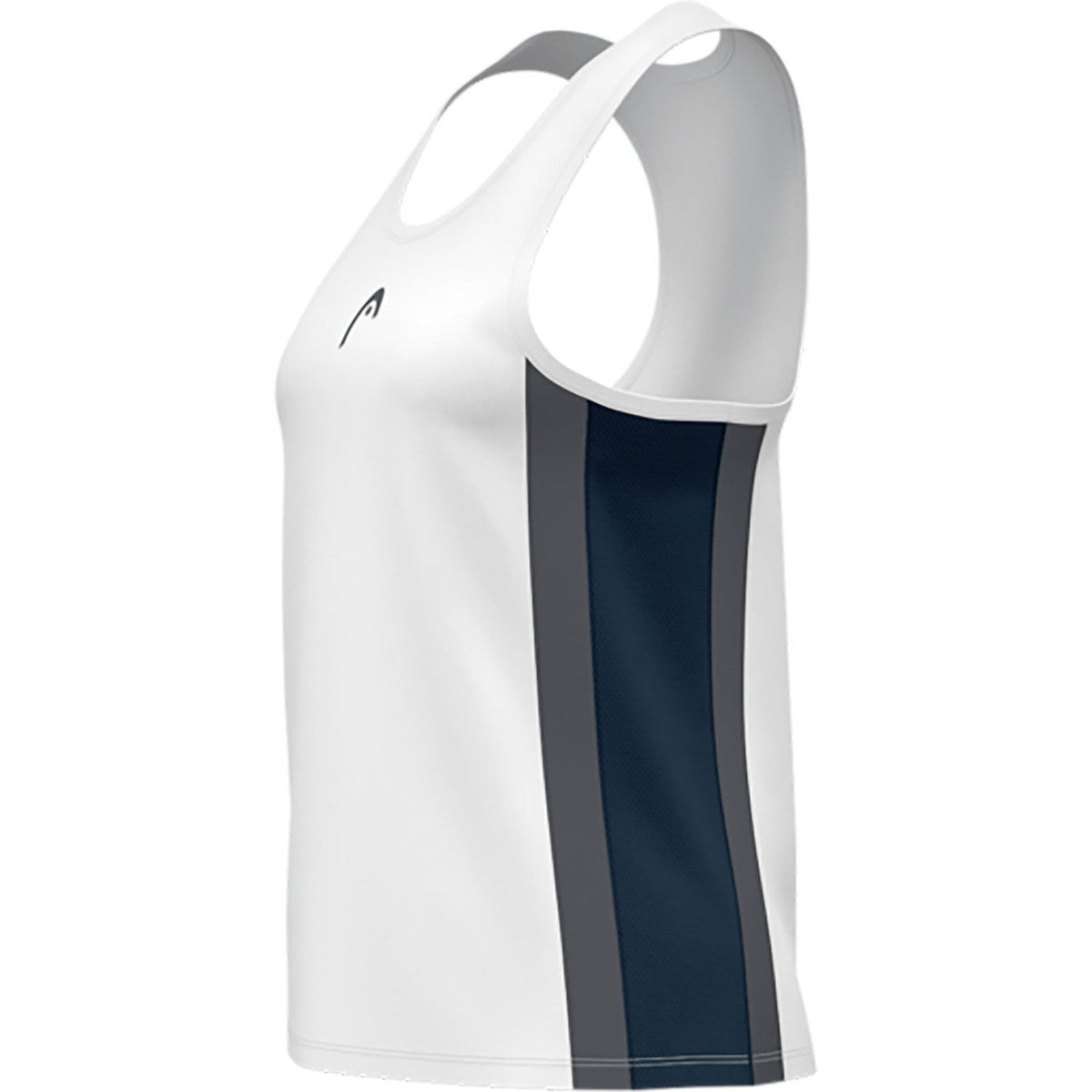 Zijaanzicht van de witte Head Club 25 Tech Tank Top met donkerblauw paneel op de zij