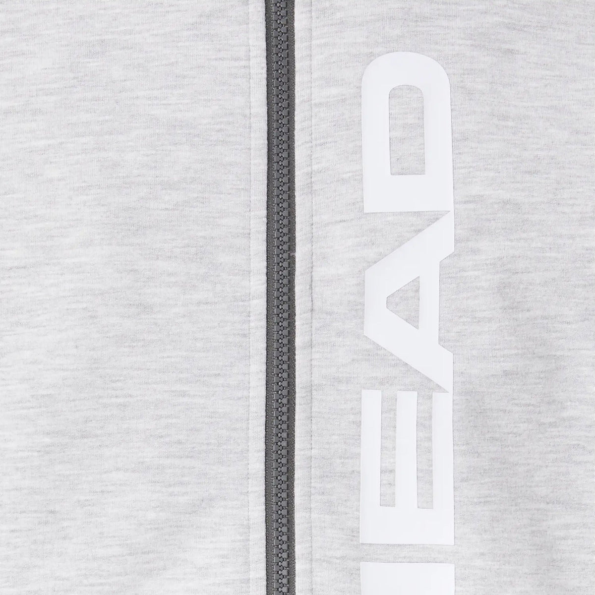 Detailansicht des Head Club Original Hoodie FZ in Grau – Head-Aufdruck und Reißverschluss aus der Nähe